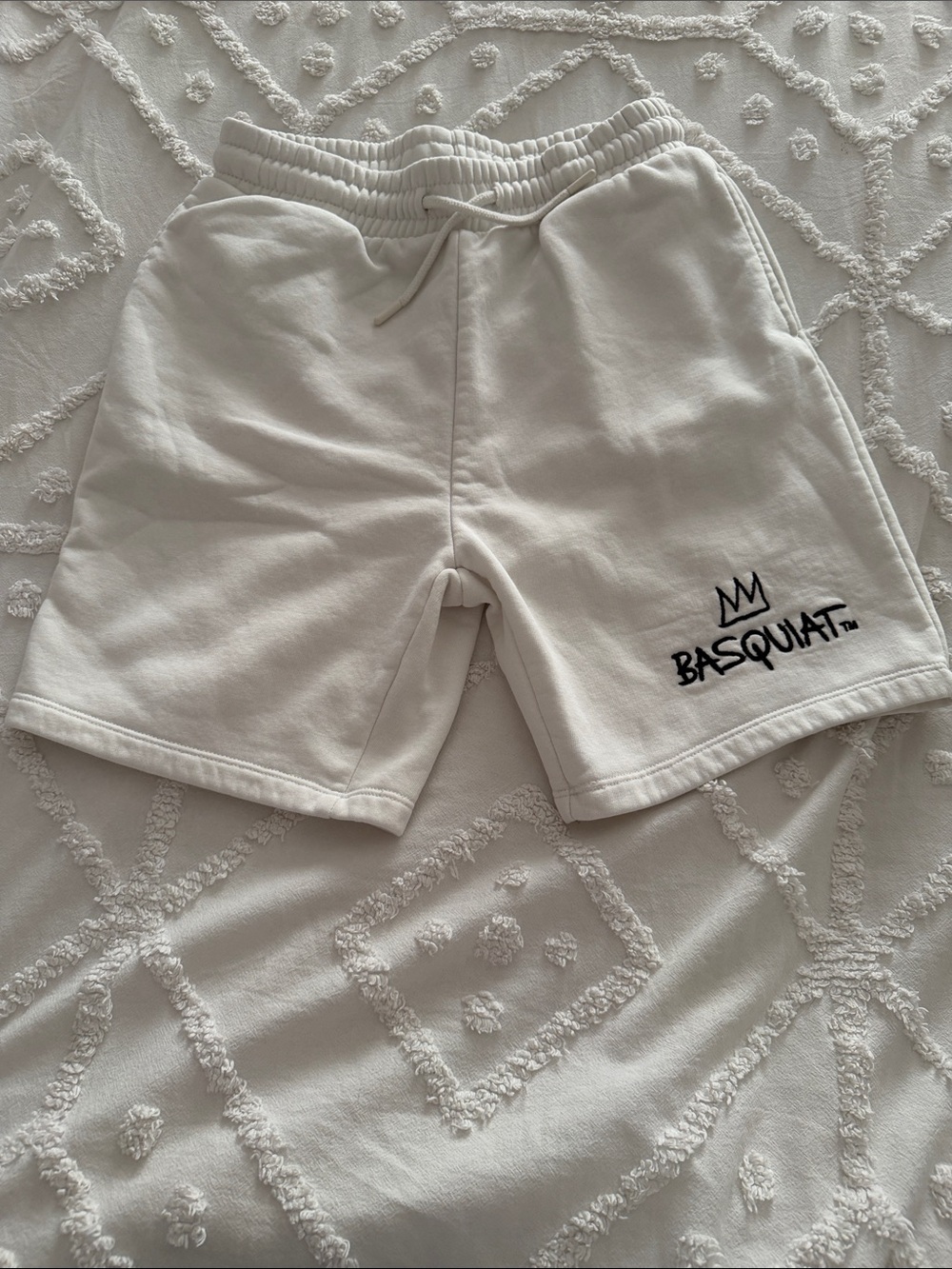 Cream Athletic Shorts with Basquiat Embroidery